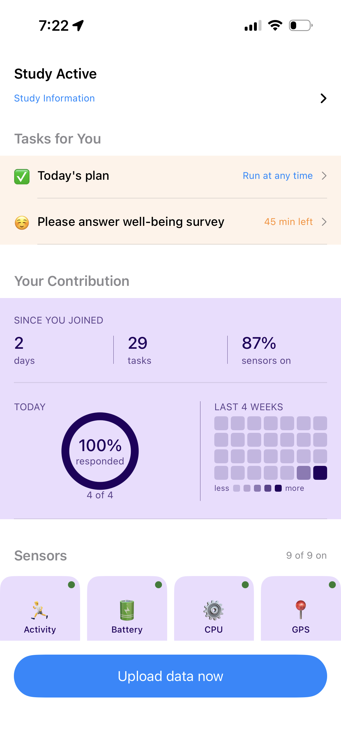 StudyRun mobile app showing an active study with recording sensors and tasks